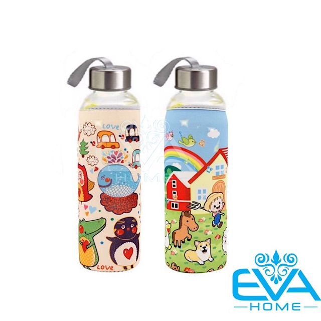 Bình Đựng Nước Thủy Tinh 500 Ml Kèm Vỏ Bọc Vải Neoprene In Hoạ Tiết 2 Mặt Cao Cấp