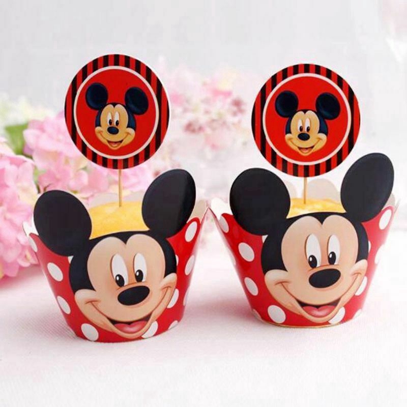 24pcs Cartoon Mickey Minnie Mouse Cupcake Wrappers Toppers pick Kids Cake cups