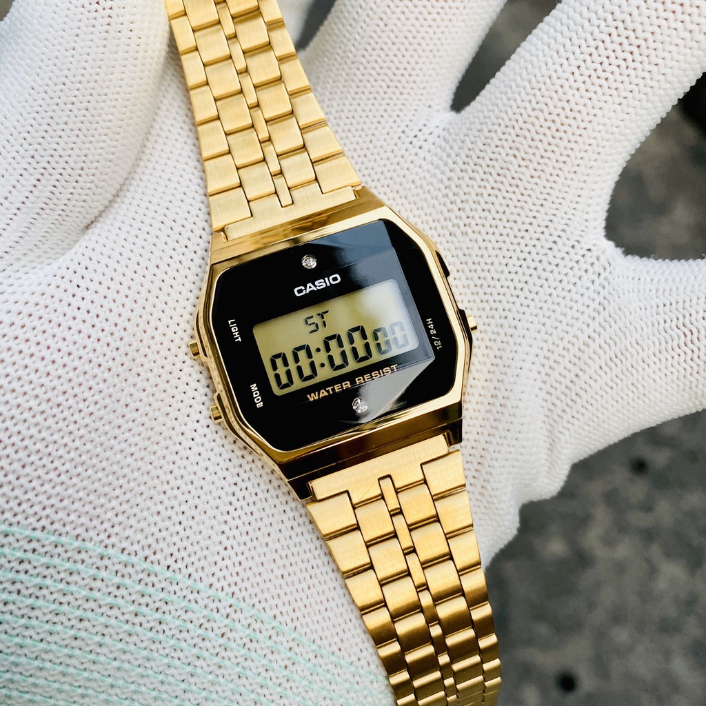 Đồng hồ điện tử nam Casio dây thép mặt kim cương A159WGED-1DF Gold HÀNG CHÍNH HÃNG