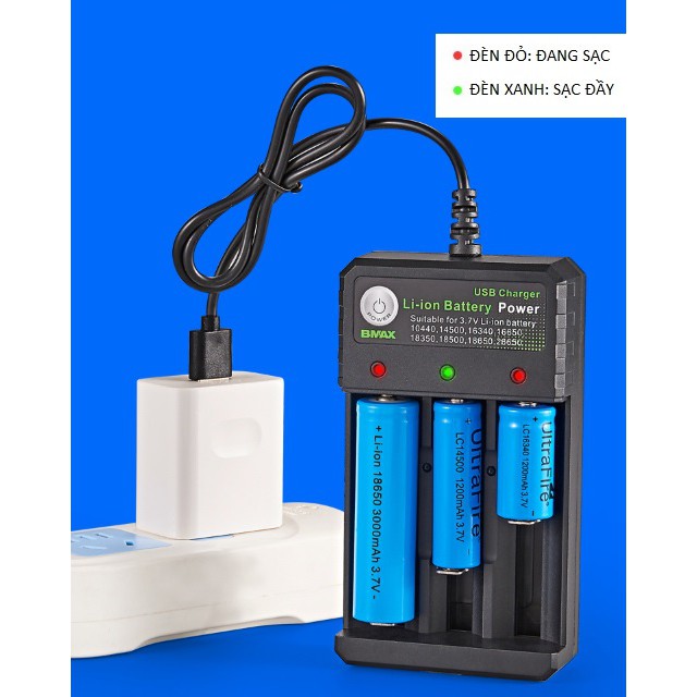 Sạc Pin Đôi 18650 Cao Cấp - Tặng Kèm 2 Pin Sạc UltraFire 18650 3.7V 4200 mAh ( Dùng Cho Đèn Pin, Quạt Mini...)