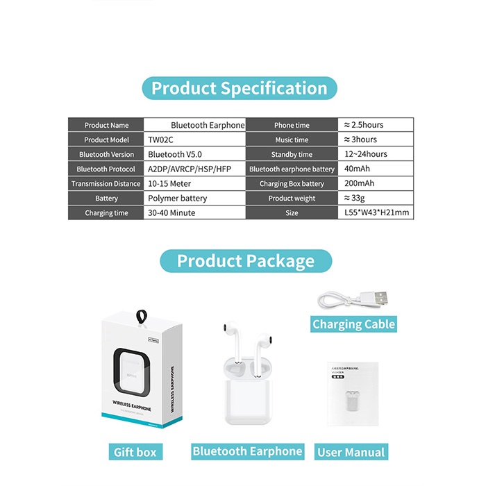 Tai nghe Bluetooth TWS Wireless Pro, đổi tên ,nghe nhạc liên tục trong 3-5 giờ, Bluetooth 5.0
