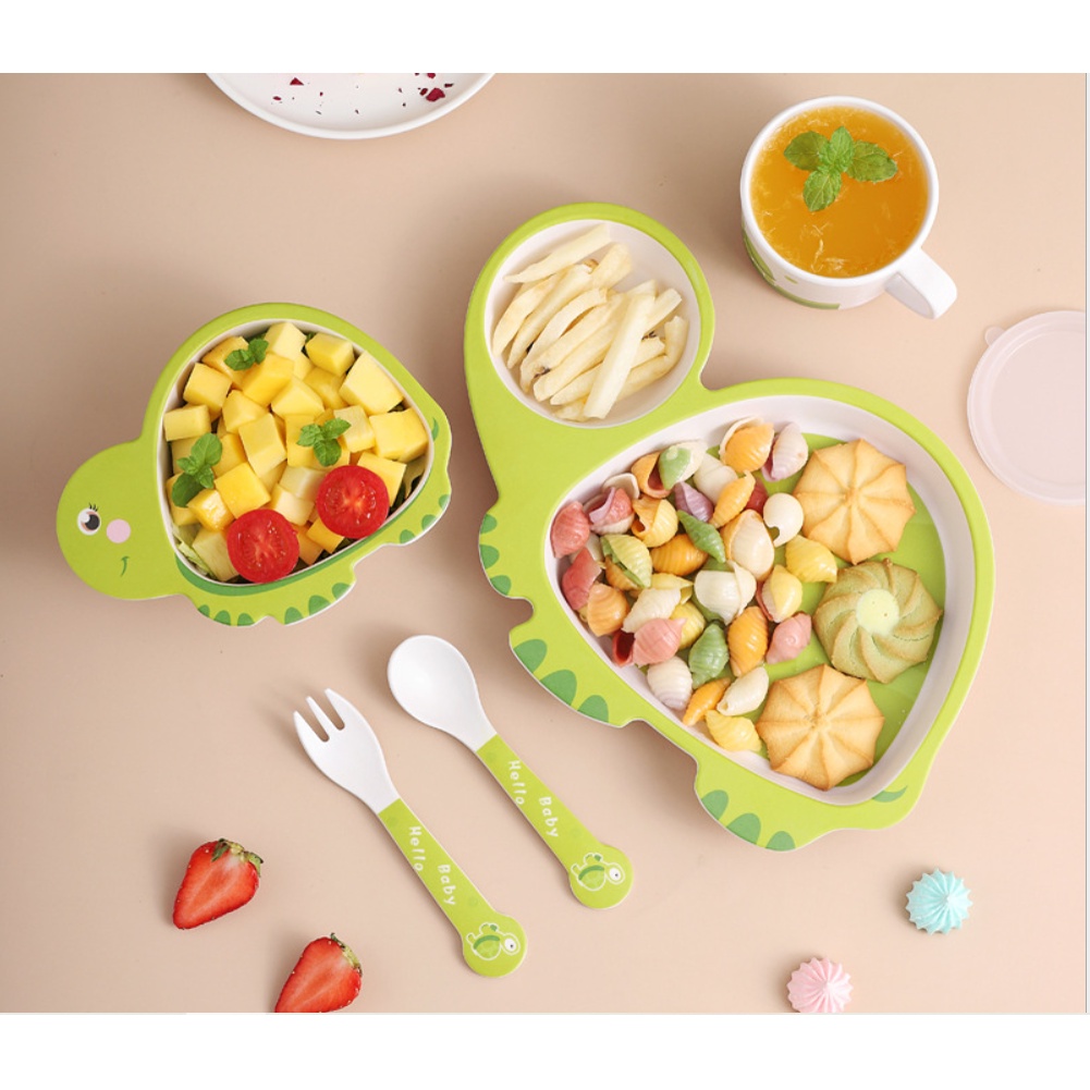 Set 5 món Khay, Bát, Cốc, Thìa, Dĩa ăn dặm hữu cơ tự nhiên Bamboo Fiber