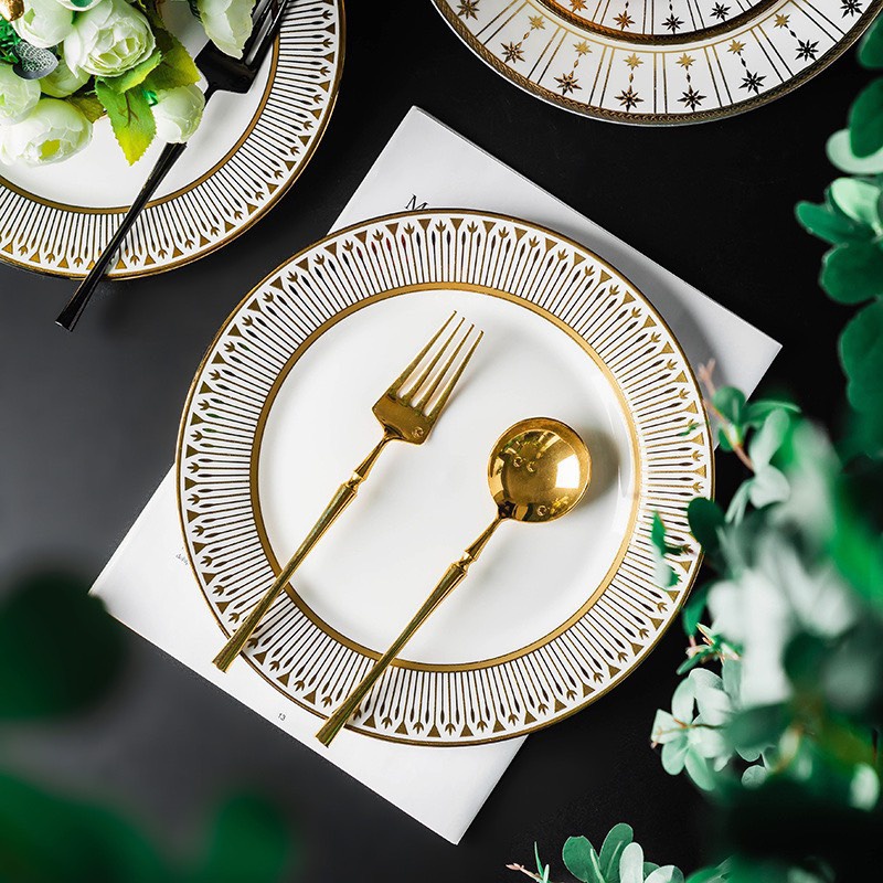 Bộ bát và đĩa phong cách Bắc Âu sang trọng, viền vàng, bát đĩa ăn tiệc cao cấp, đĩa salad, đĩa chính, bát soup