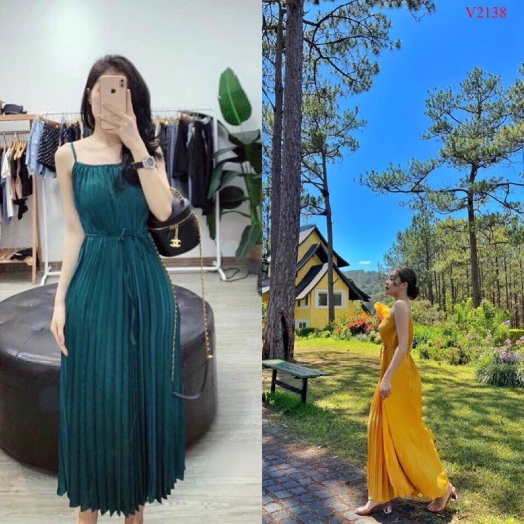 Đầm maxi dập ly satin hai dây đi biển + video ảnh thật