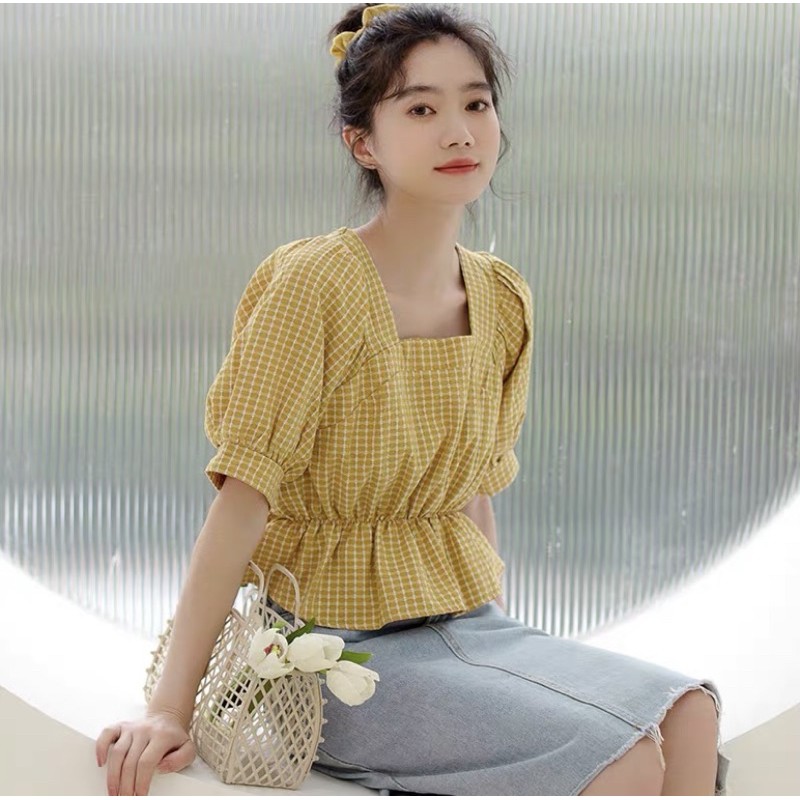 áo kiểu kẻ caro tay bồng cổ vuông