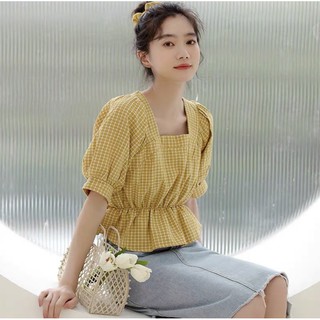 Áo kiểu kẻ caro tay bồng cổ vuông