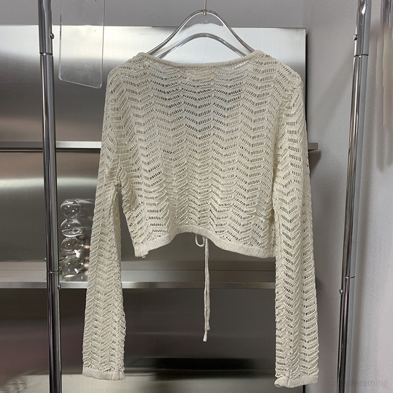 Áo Croptop Dệt Kim Chống Nắng Phối Dây Rút Phong Cách Hàn Quốc Cho Nữ