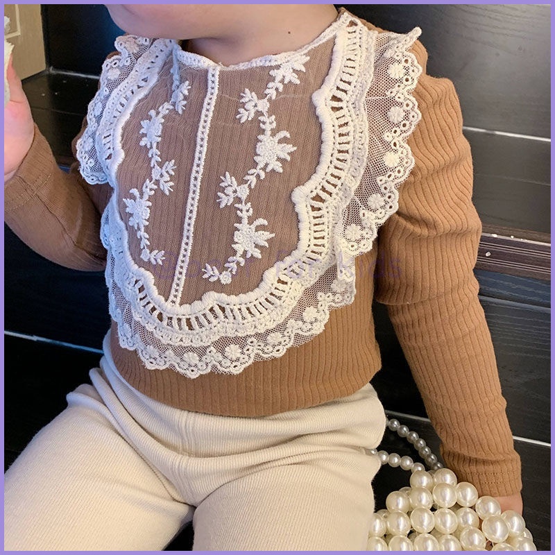 Áo Thun Tay Dài Phối Ren Thiết Kế Dễ Thương Thời Trang Xuân Thu Cho Bé Gái