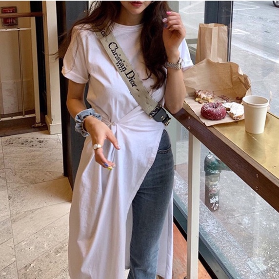 Áo Thun Tay Ngắn Dáng Dài Xẻ Tà Màu Trơn Thiết Kế Độc Đáo Thời Trang