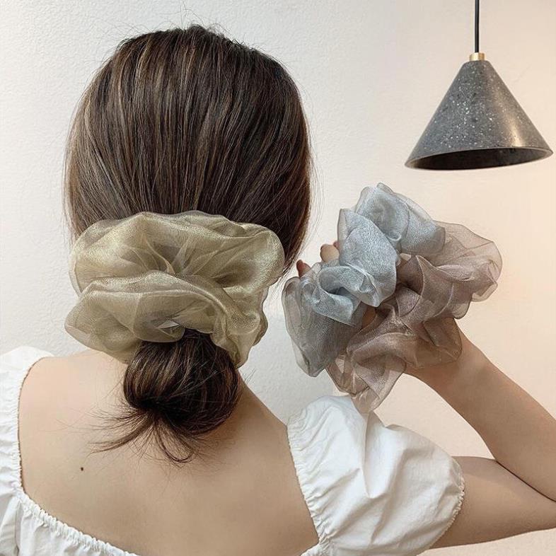 Dây cột buộc tóc scrunchies màu trơn phối lưới vải voan hot trend Hàn Quốc
