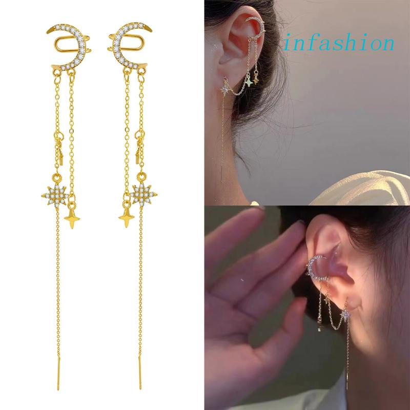 Khuyên Kẹp Vành Tai Dáng Dài Hình Mặt Trăng Ngôi Sao Đơn Giản Thời Trang Cho Nữ