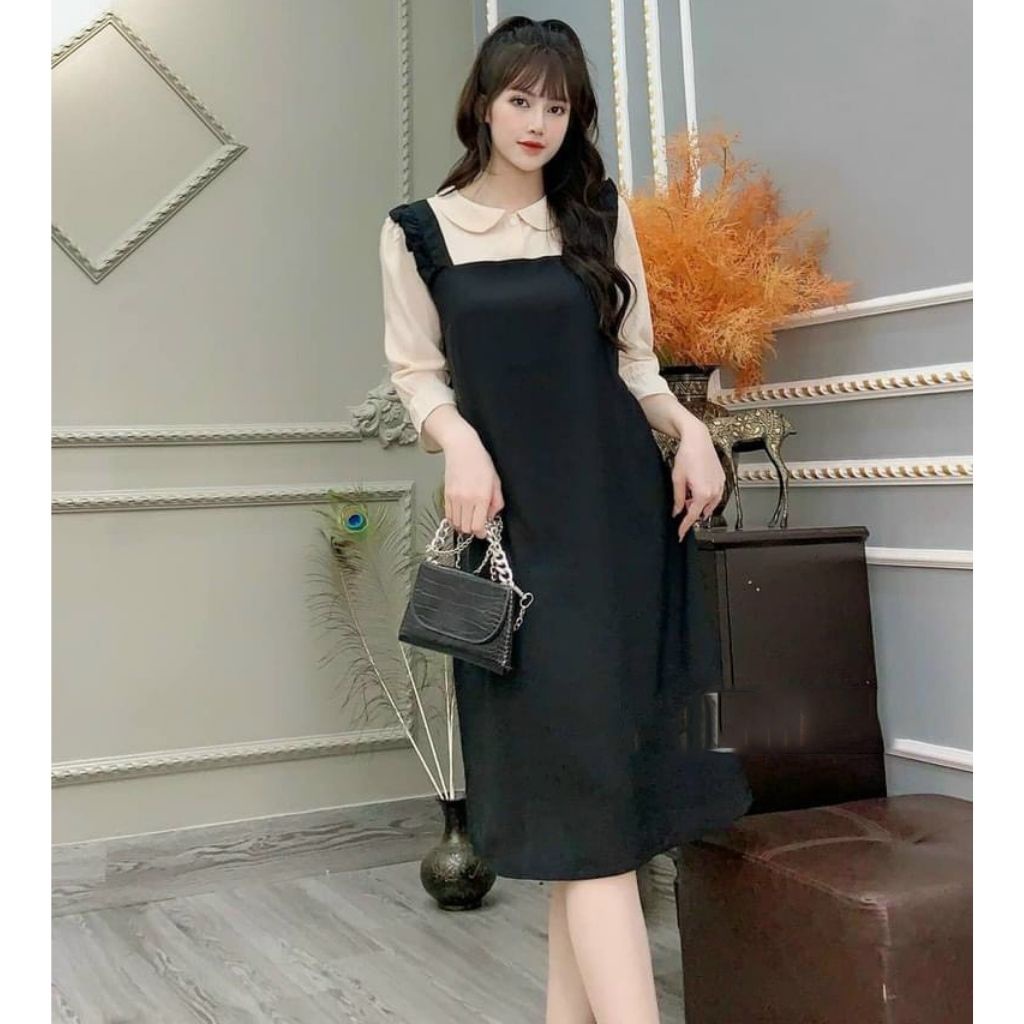 Váy bầu yếm liền tay lỡ thời trang thiết kế M420 chất cát hàn freesize từ 45 đến 70kg