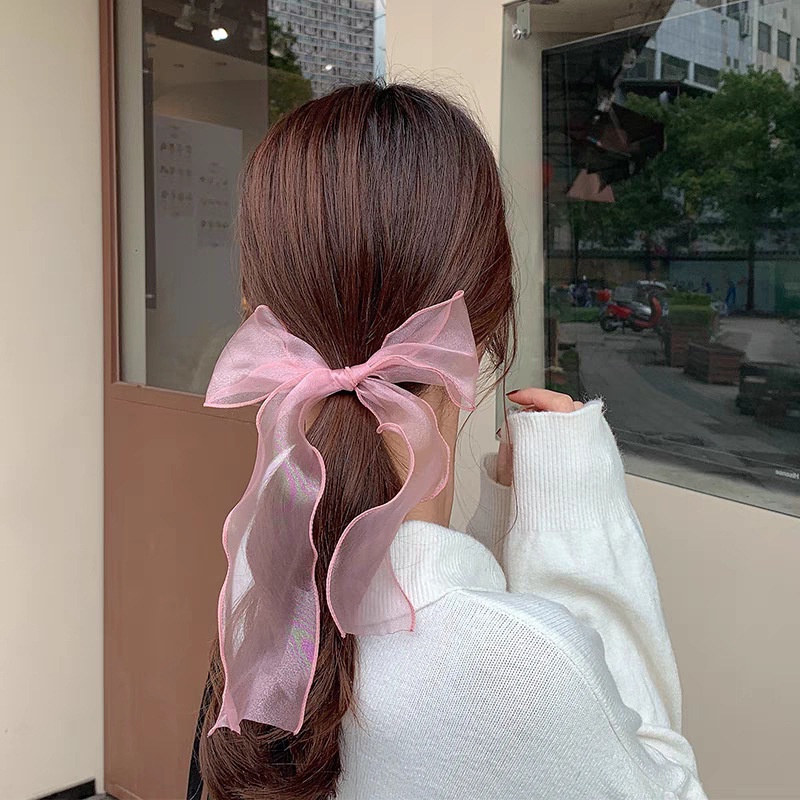 Dây Buộc Tóc Vải Voan Mềm Co Giãn Phối Dây Ruy Băng Thắt Nơ Ngọt Ngào