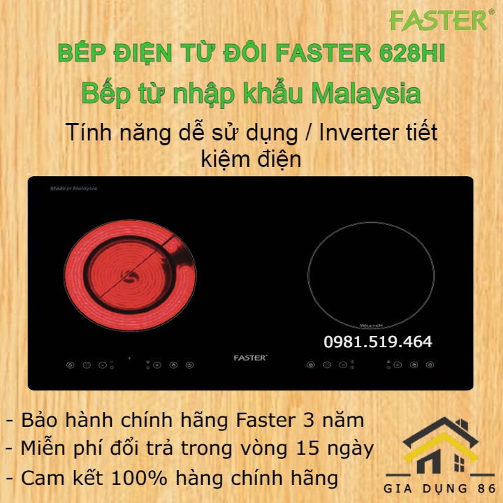 Bếp từ đôi Faster FS 628HI -Bếp điện từ 2 lò - Bếp 1 từ 1 hồng ngoại - Nhập khẩu Malaysia / Bảo hành chính hãng 3 năm