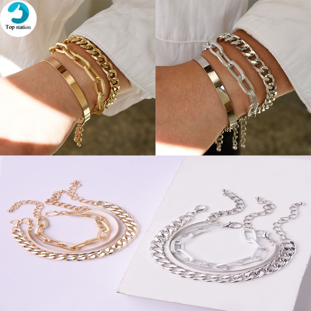 Set 3 Vòng Tay Kim Loại Mạ Vàng / Bạc Thiết Kế Đơn Giản Phong Cách Punk