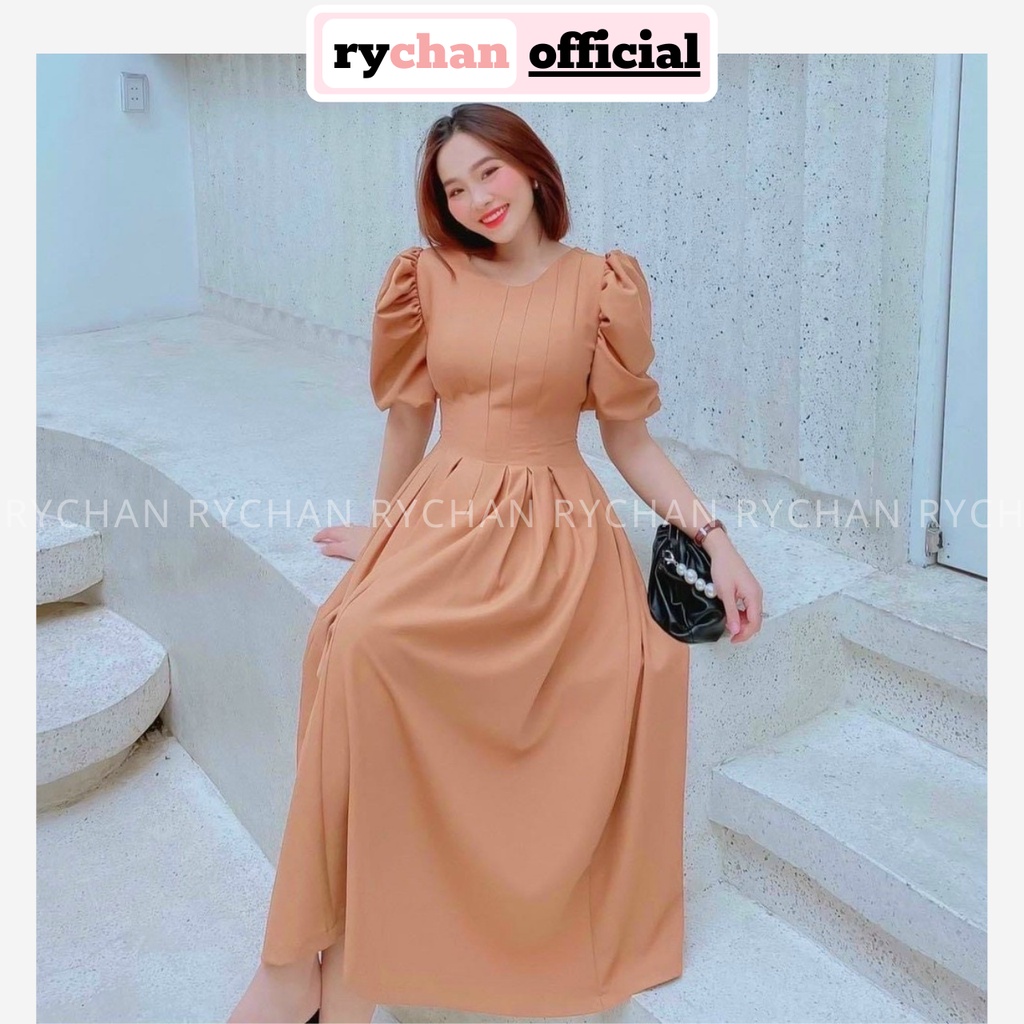 Đầm Xòe Midi Trơn Tay Phồng Chít Eo 5 Màu [Ảnh Thật Cuối] - DX0036
