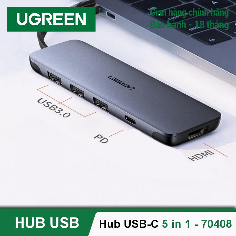 Bộ chuyển Hub USB type C to HDMI 4K + 3 USB 3.0 + PD 100W Cao Cấp Ugreen 70408 Chính Hãng CM285