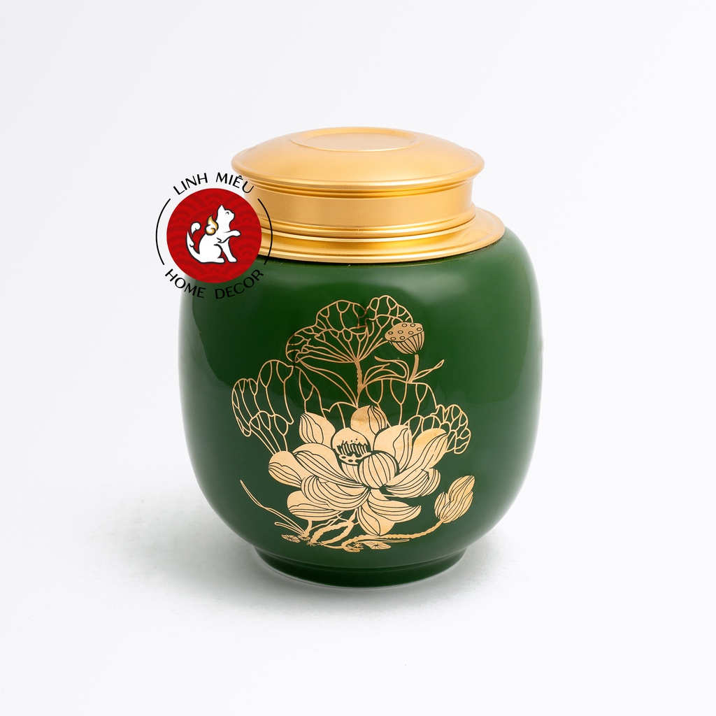 Hũ đựng trà bằng sứ men trắng nắp vàng kim sang trọng - họa tiết sen hoặc hoa đào quà tặng Phật tử