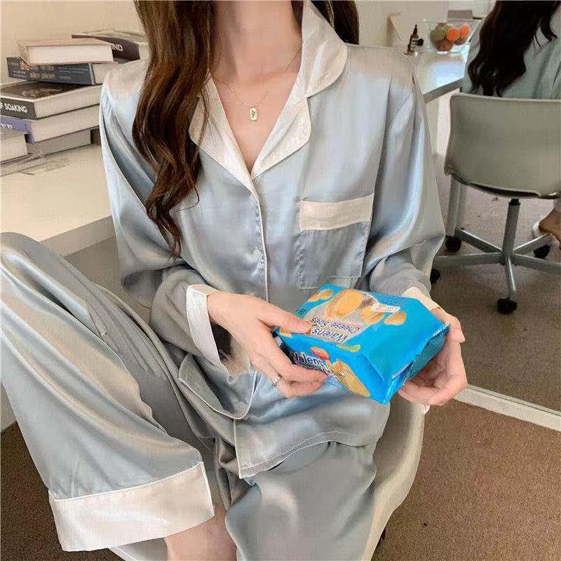 Bộ đồ ngủ tay dài vải lụa thoải mái thời trang xuân thu cho nữ