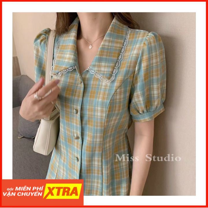 Váy kẻ cổ ren⚡ FREE SHIP⚡ Váy tay ngắn, tay bồng, dáng váy chứ A xòe nhẹ tạo cho nàng cảm giác sành điệu, đài các | BigBuy360 - bigbuy360.vn