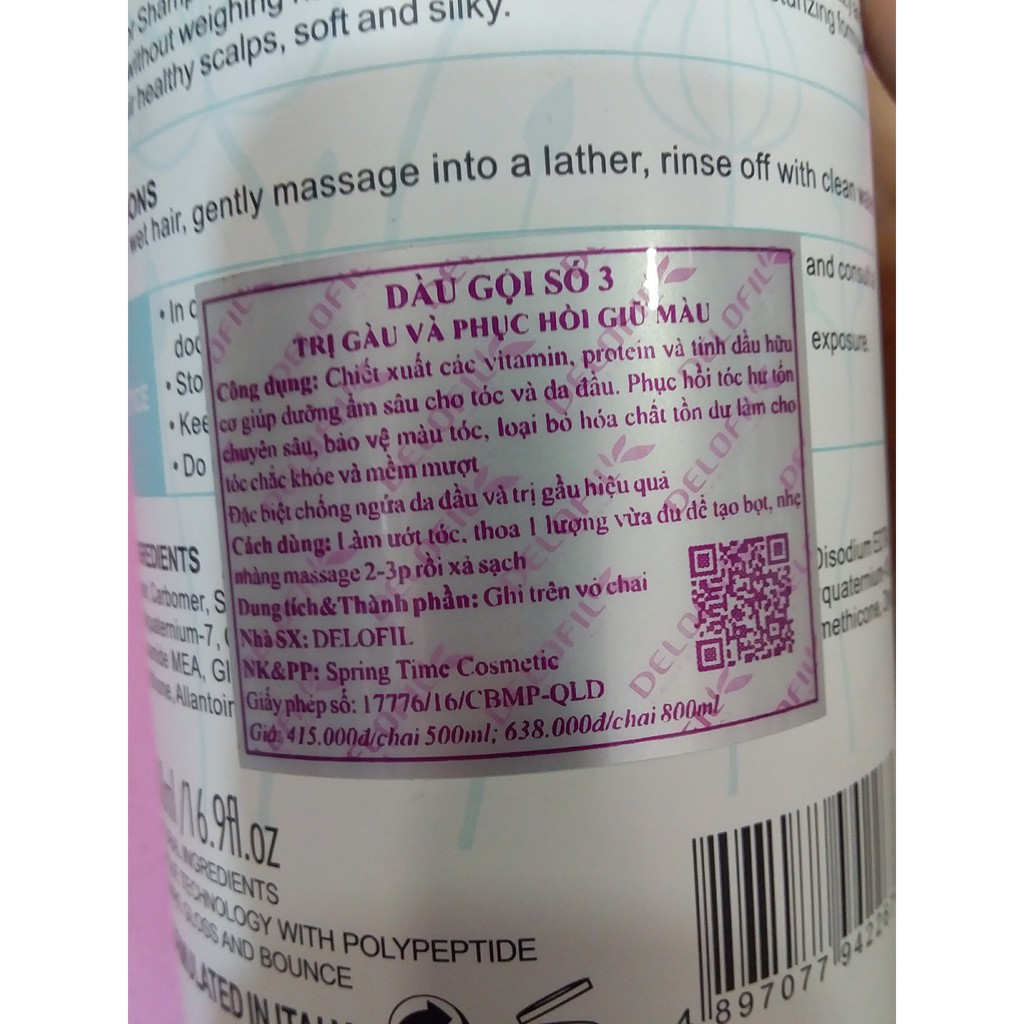 Dầu gội số 3 trị gàu và phục hồi giữ màu Delofil Protect Color Anti Dandruff Shampoo 500ml