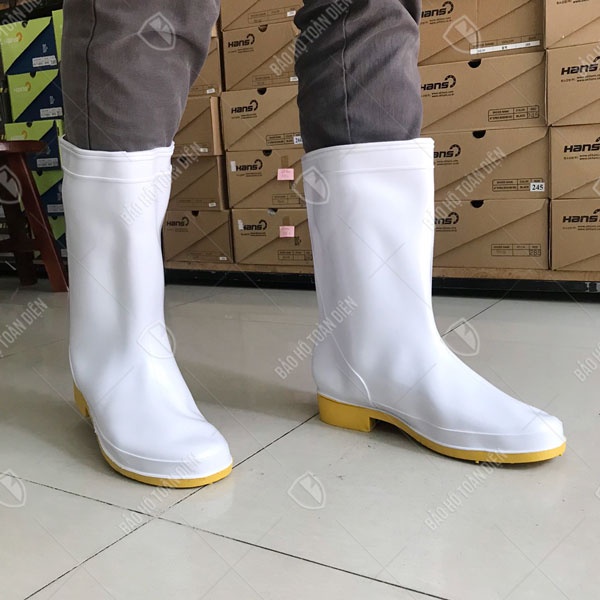 Ủng cao su đi mưa màu TRẮNG đế Vàng | Ủng bảo hộ lao động cho phòng sạch, thủy sản, thực phẩm