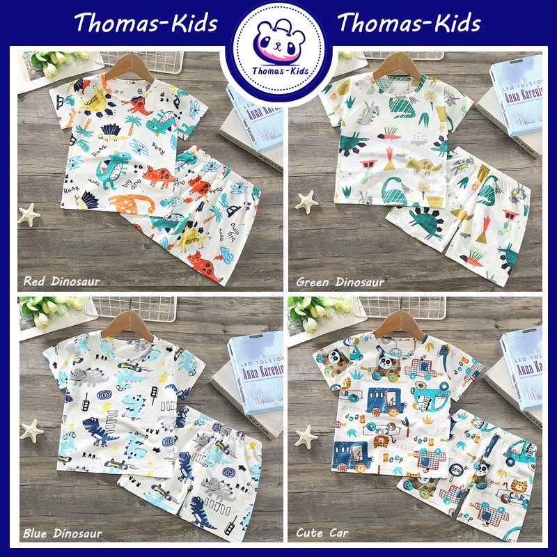 Bộ đồ cotton mềm cổ tròn in hình khủng long hoạt hình dễ thương cho bé trai 2-7 tuổi