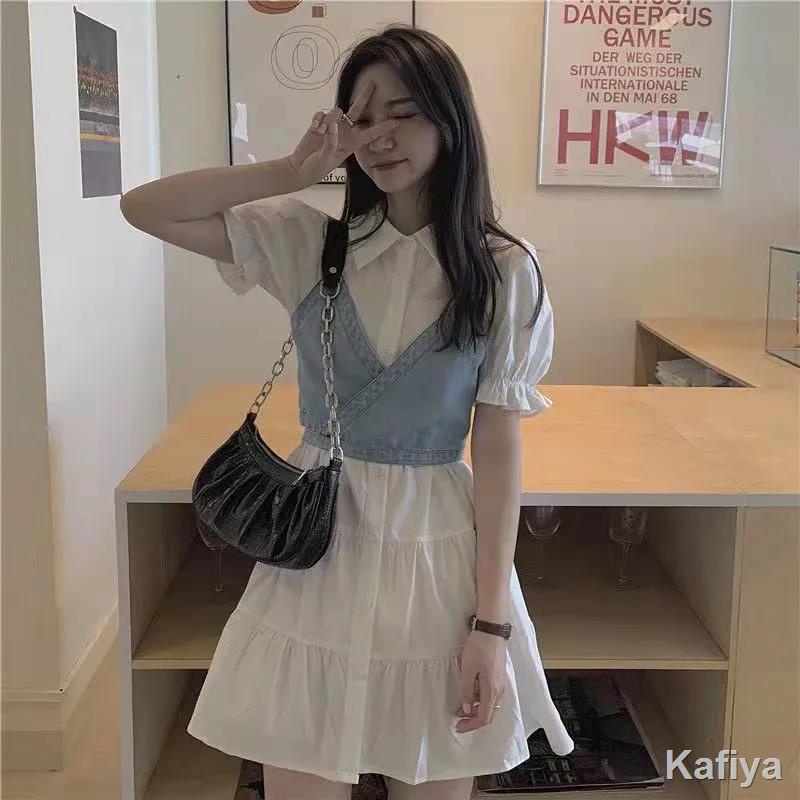 Váy tay phồng ngọt ngào thời trang + bộ đồ hai mảnh denim lửng
