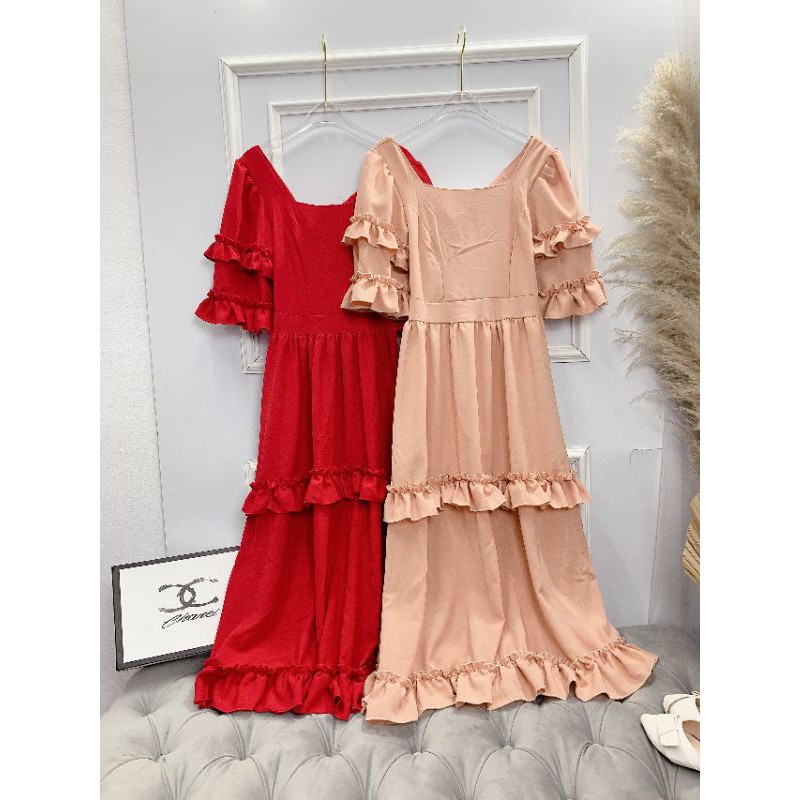 Váy suông baby doll cổ vuông thiết kế vintage 2 màu hồng nude - đỏ sia clothing