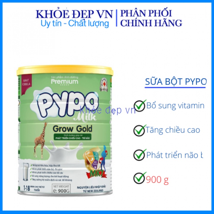 Sữa bột Pypo grow gold dinh dưỡng cho trẻ từ 1-18 tuổi hỗ trợ phát triển chiều cao, trí não, tiêu hóa tốt - Hũ 900g