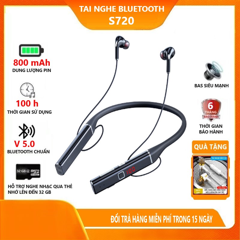 Tai nghe không dây, tai nghe bluetooth S720 pin 800mAh nghe nhạc 100h Âm thanh Hi-fi, Bass treble siêu mạnh mẽ