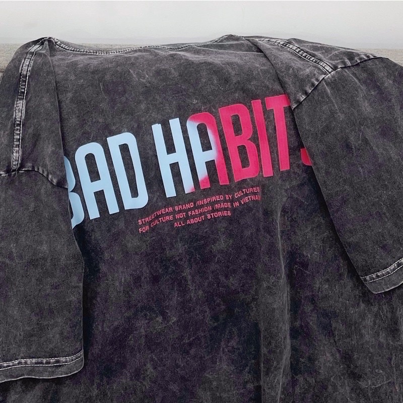 Áo Thun Tay Lỡ Unisex Wash Xám B.A.D HA.BIT COLOR 🖤 Form Nam Nữ Unisex - Kiểu áo phông cổ tròn form rộng 🖤