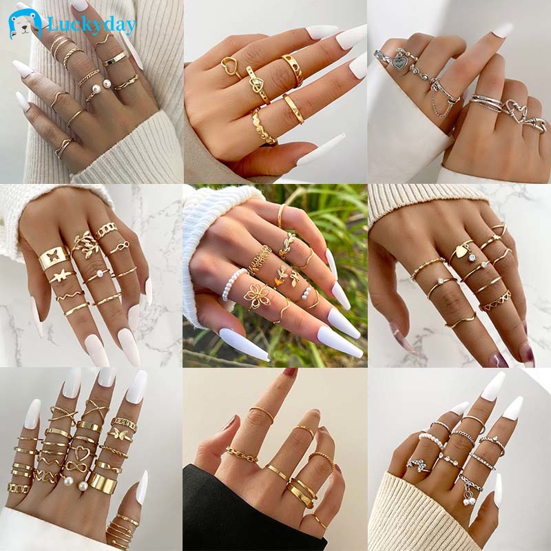 Bộ Nhẫn Thời Trang Hình Trái Tim/Bướm/Ngọc Trai/Đá Quý Màu Vàng/Bạc