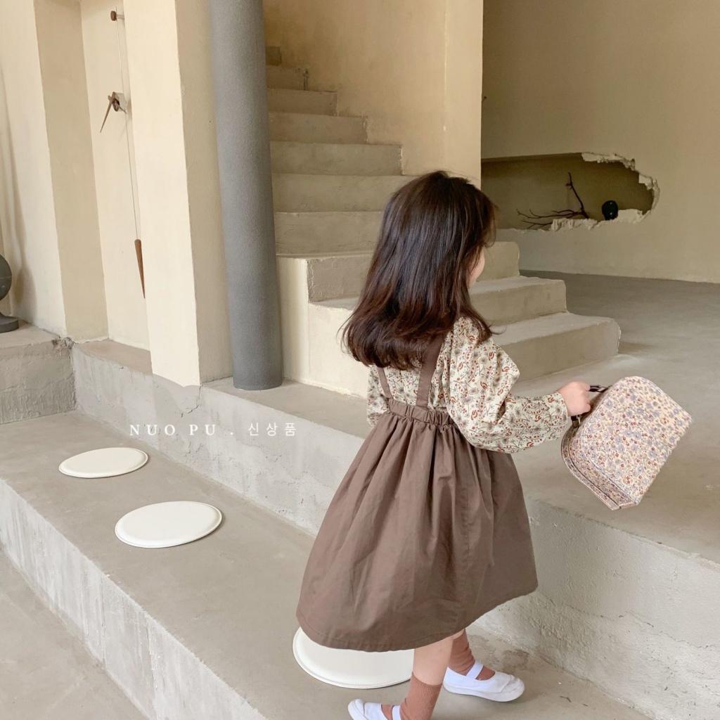 Set Đầm Hai Dây In Hoa Phong Cách Hàn Quốc Thời Trang Cho Bé Gái