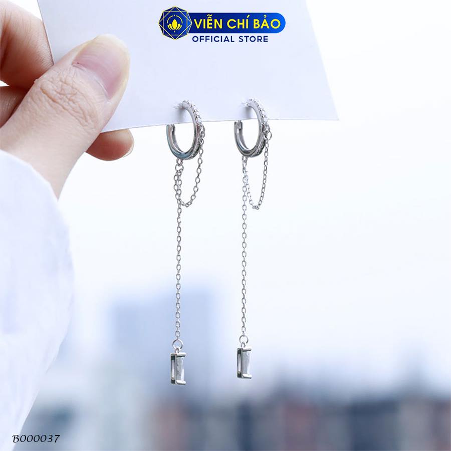 Bông tai bạc nữ móc tròn dây xích đính đá chất liệu bạc 925 thời trang phụ kiện trang sức nữ Viễn Chí Bảo B000037