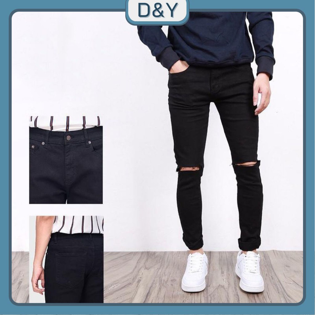 Quần jean nam rách gối đen cao cấp ống côn skinny phong cách Hàn Quốc D&Y DN05