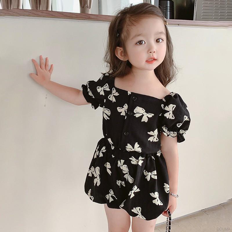 Bộ Áo Cổ Vuông In Họa Tiết + Quần Short Thời Trang Mùa Hè Hàn Quốc Cho Bé Gái