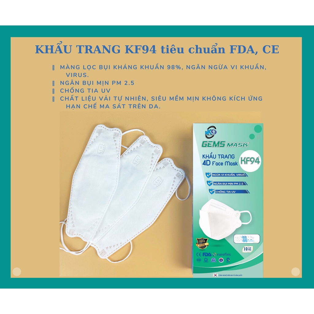 Khẩu trang y tế cao cấp KF94 4D Gems Mask Hàn Quốc theo tiêu chuẩn Châu Âu, 4 lớp kháng khuẩn lọc bụi | Hộp 10 cái