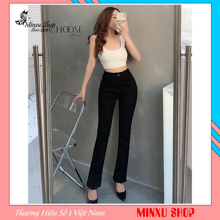Quần Jean Ống Loe Cạp Cao Chất Vải Bò Co Giãn 4 Chiều Màu Đen Trơn Mặc Xinh Siêu Tôn Dáng Minxu Shop Q9147
