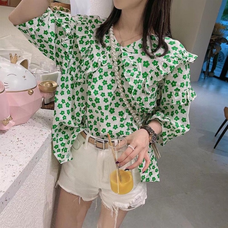 Áo Sơ Mi Cổ Búp Bê Nhún Bèo Họa Tiết Hoa Màu Xanh Lá Xinh Xắn Thời Trang Mùa Hè Cho Nữ