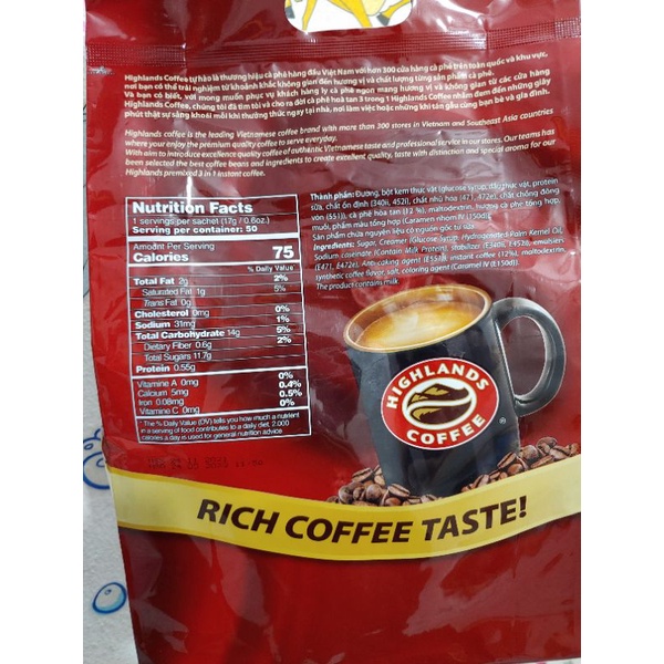 Cà phê sữa hòa tan 3in1 Highlands Coffee bịch 50 gói*17g