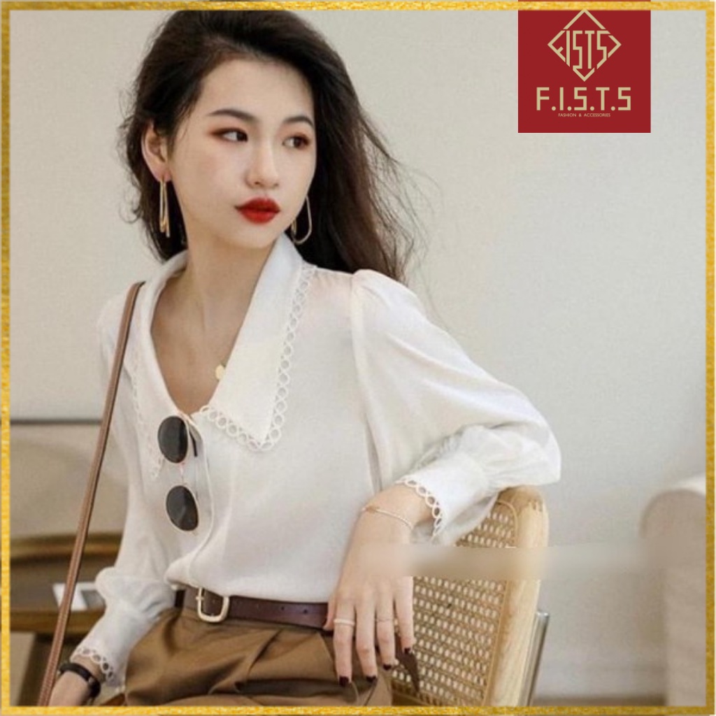 Áo sơ mi nữ trắng đính ren tròn cách điệu F42 dùng đi học hay công sở dễ phối hợp các loại chân váy hay quần, có BIGSIZE