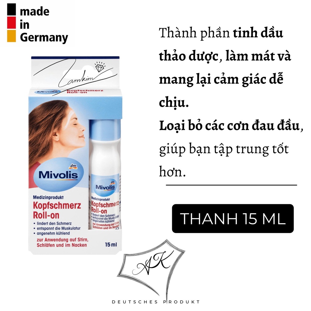 Thanh lăn giảm đau đầu Das Gesunde Plus Kopfschmerz Roll-on - nội địa Đức