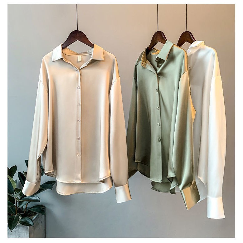 Áo sơ mi tay dài vải satin dáng rộng thời trang xuân thu dành cho nữ