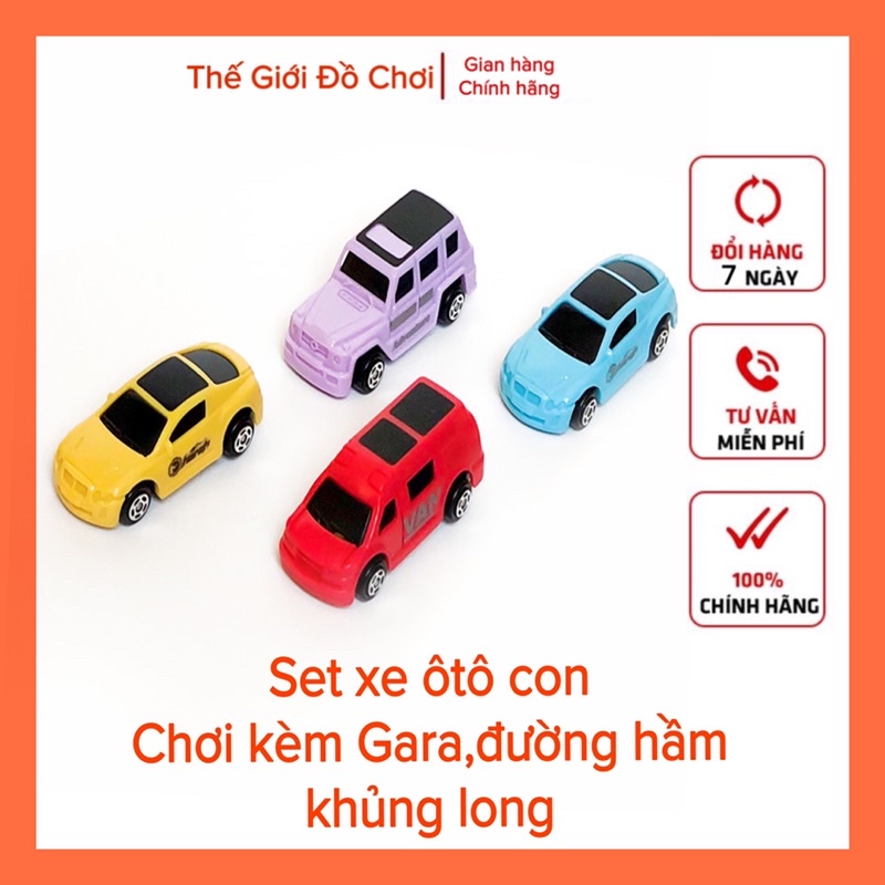 SET 4 xe ô tô mini chơi kèm với đường hầm khủng long sư tử bãi đậu xe ô tô