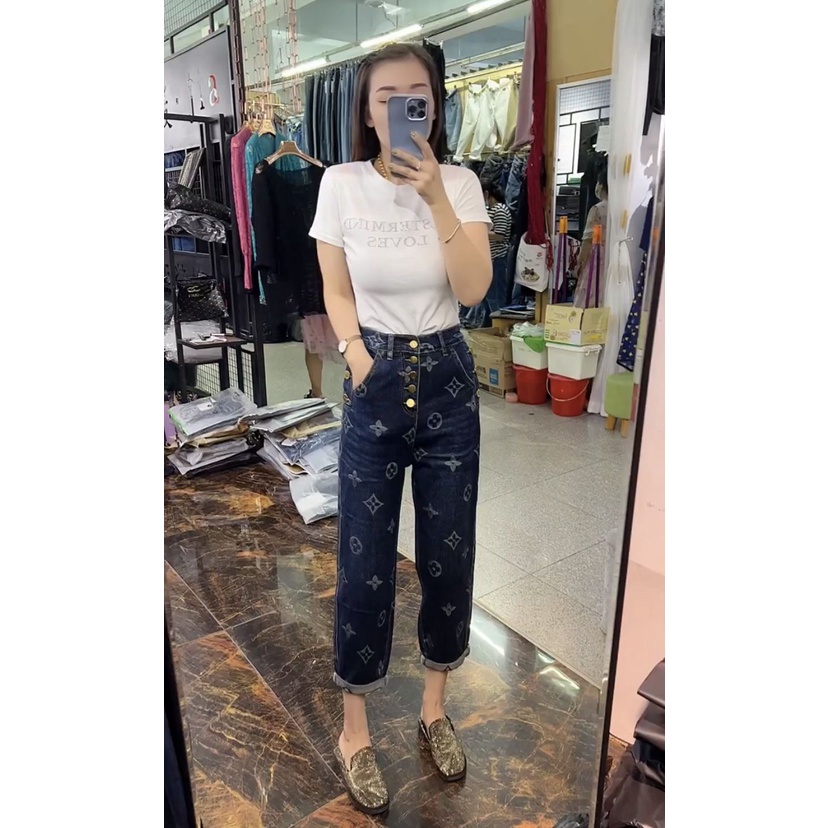 Quần Jeans Lưng Cao Size Lớn In Họa Tiết Thời Trang Mới Cho Nữ
