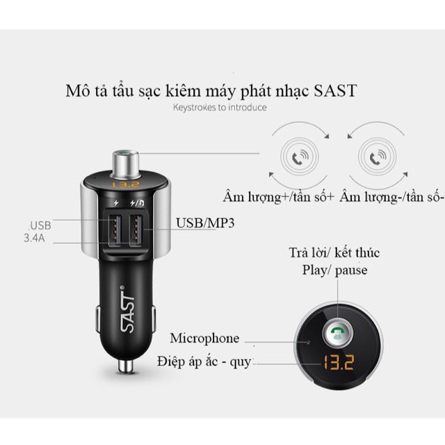 Tẩu phát nhạc, sạc điện thoại, phát bluetoot, kết nối loa xe T56