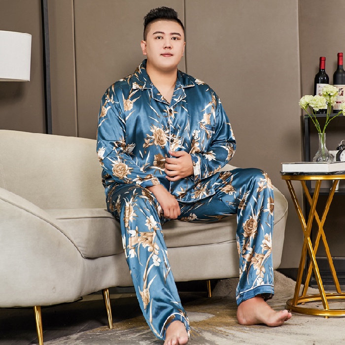 Bộ Đồ Ngủ Tay Dài Vải Lụa Satin Dáng Rộng Thời Trang Hàn Quốc Cho Nam Size 3XL-5XL