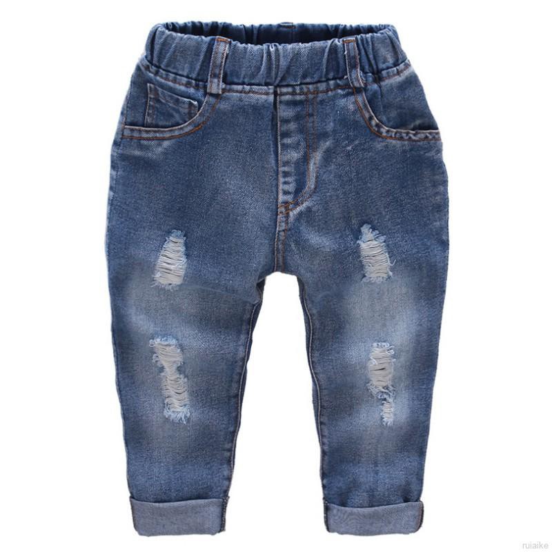 ruiaike  Casual Kids Boys Hole Design Long Denim Pants Elastic Wasit Jeans Trousers 3-8Y