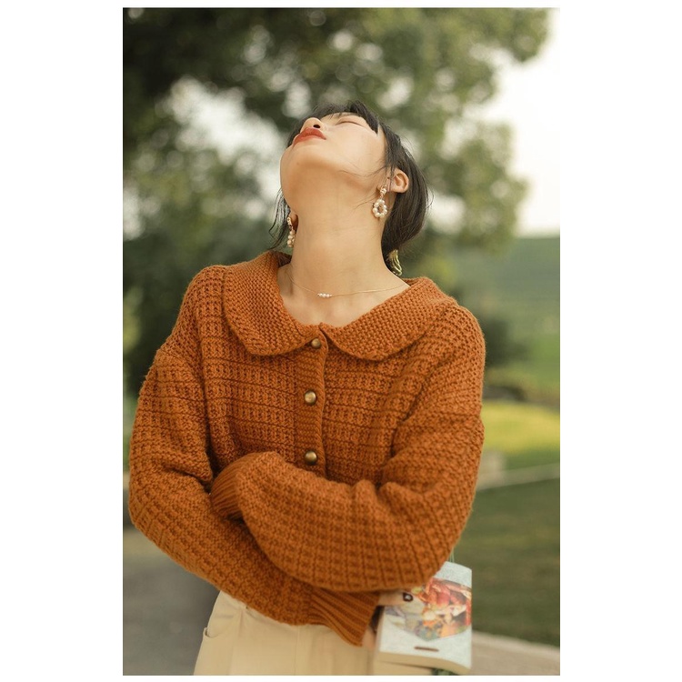 Áo khoác dệt kim dáng rộng cổ búp bê kiểu cổ điển thanh lịch thời trang